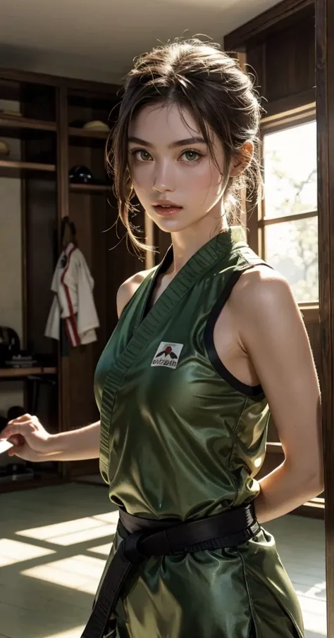 1girl, Solo, short light brown hair, green eyes, karate attire, black belt, inside dojo, upper body pov, God Rays, Ray Tracing, Reflection Light, 