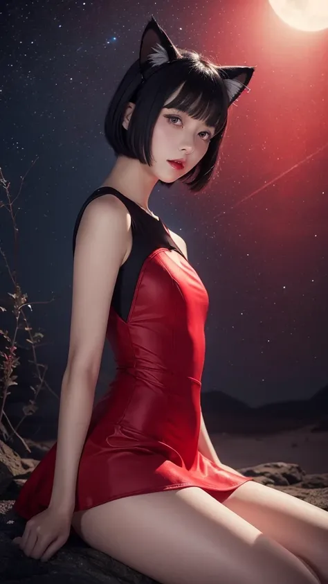 Delicate and dainty young woman with shiny bob-cut black hair and cat ears. She is wearing red only  mini-skirt one-piece dress. The background is a fantastic and ethereal night sky that seems to be haunted by a specter. Her expression is stern and atmosph...