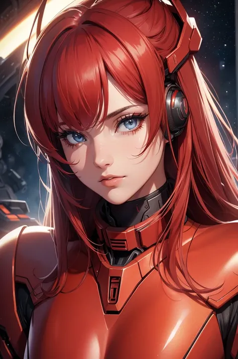 (best quality,4k,8k,highres,masterpiece:1.2), beautiful detailed eyes, beautiful detailed lips, extremely detailed eyes and face, long eyelashes, 1 teen girl, red mech suit, straight red hair, cool sci-fi lighting, space background, vibrant colors, futuris...