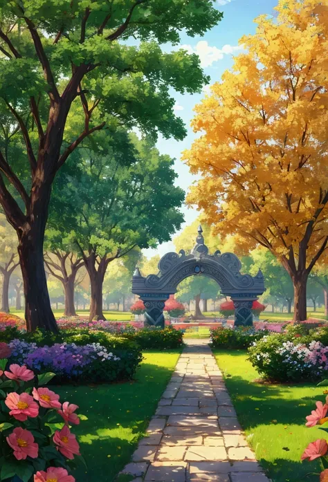 ((best quality)), ((masterpiece)), (detailed), (Masterpiece, colorful, 4K) create a park with lots of trees and colorful flowers.