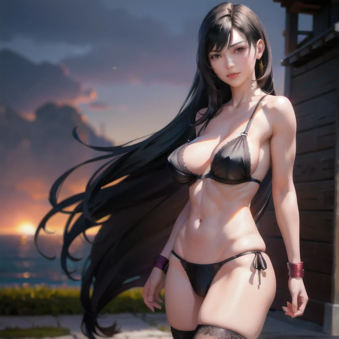 (8k, Highest quality, masterpiece:1.2), (Realistic, photo-Realistic:1.37), (whole body), Are standing, Spread your legs, (Wide Stance) Are standing contrapposto, Very detailed, 1 girl,cute, alone, (Tifa Lockhart), (Big Breasts:1.3), (beautiful detailed eye...