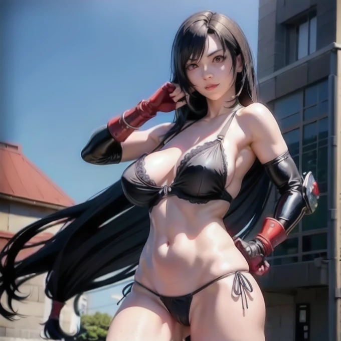 (8k, Highest quality, masterpiece:1.2), (Realistic, photo-Realistic:1.37), (whole body), Are standing, Spread your legs, (Wide Stance) Are standing contrapposto, Very detailed, 1 girl,cute, alone, (Tifa Lockhart), (Big Breasts:1.3), (beautiful detailed eye...