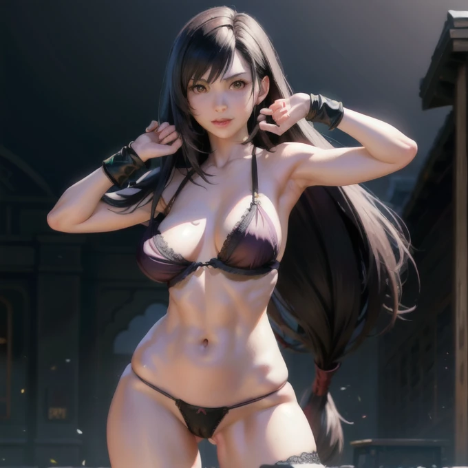 (8k, Highest quality, masterpiece:1.2), (Realistic, photo-Realistic:1.37), (whole body), Are standing, Spread your legs, (Wide Stance) Are standing contrapposto, Very detailed, 1 girl,cute, alone, (Tifa Lockhart), (Big Breasts:1.3), (beautiful detailed eye...