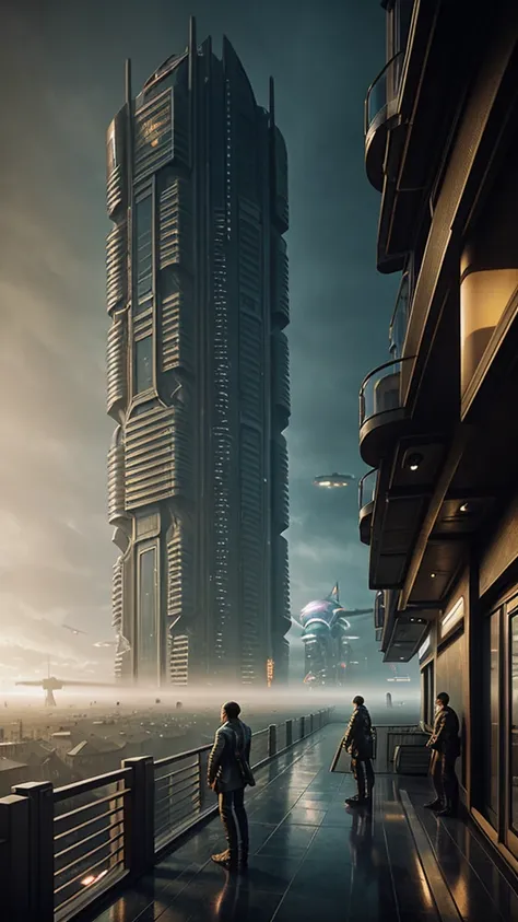 abstract colors, texture, film grain, skin pores:0.1 intricate dramatic portrait of a beautiful windblown scifi scientist standing on a balcony overlooking a futuristic (solarpunk)1.2 city, foggy morning, cinematic movie still frame, blade runner 2049, pun...