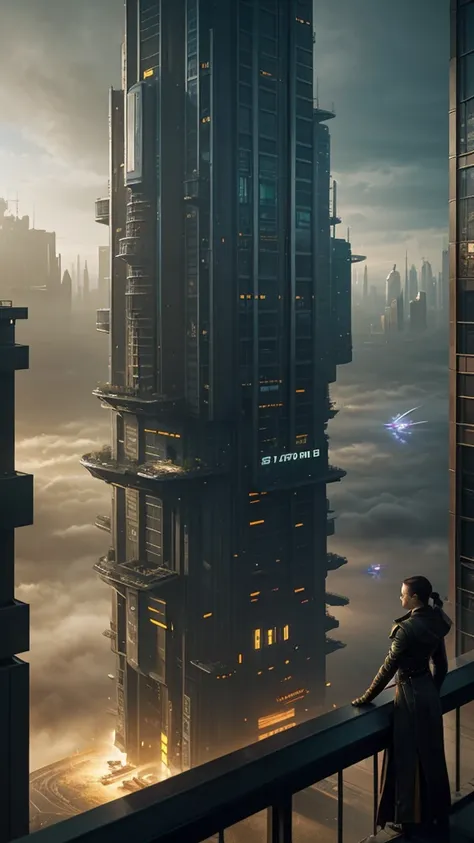 abstract colors, texture, film grain, skin pores:0.1 intricate dramatic portrait of a beautiful windblown scifi scientist standing on a balcony overlooking a futuristic (solarpunk)1.2 city, foggy morning, cinematic movie still frame, blade runner 2049, pun...