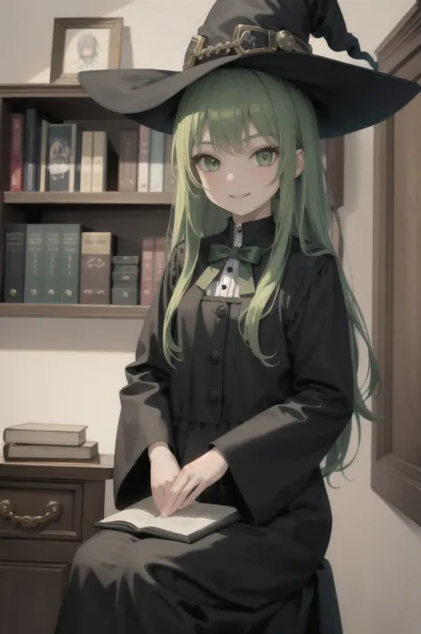 masterpiece, Highest quality, One girl, Face Focus, witch, witch attire, Long green hair, Green Eyes, Bookshelf, room, smile,Around 17 years old, 