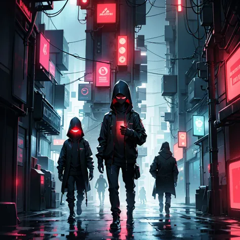 hacker holding a computer in his right hand, in the middle of the rain, everything is dark in a futuristic city where only red lights stand out in that darkness
