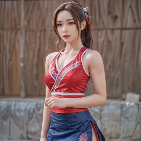 Mai Shiranui, (best quality,ultra-detailed),(Realistic:1.37), beautiful and detailed face, Ultra-realistic texture, delicate face, athletic body, vivid colors. high definition, 8K, wearing red lipstick, rosy cheek.