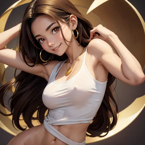 A high-quality anime-style illustration of a confident and sarcastic young woman with long, straight dark brown hair, swept to the side and tucked behind her ears. She has red eyes and smooth, fair skin, smiling with a seductive expression. She is nude wit...