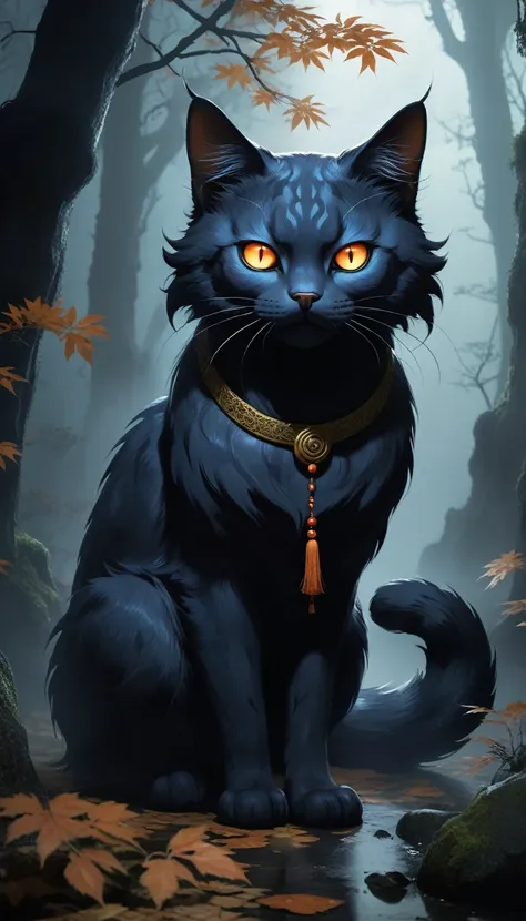 Generate a highly detailed and spooky image of a Nekomata, known as a long-lived cat that appears in Japanese folklore and is transformed into a yokai. Nekomata is a large, ghostly feline figure with two tails, glowing eyes, and an evil aura. The cat has a...