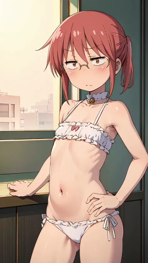 Kobayashi, blushing, frown, (Bust size very very small.)),  (flat chest:1.2), Posing embarrassed, badhandv4, Sexy cat lingerie