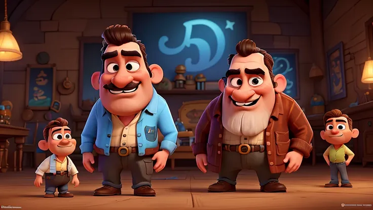 Imagem estilo pixar com personagen 3d Disney,with a short man with a mustache and goatee and a big nose with an eyebrow tattoo, grimy, domineering look, pixar, Disney, Cinema lighting.