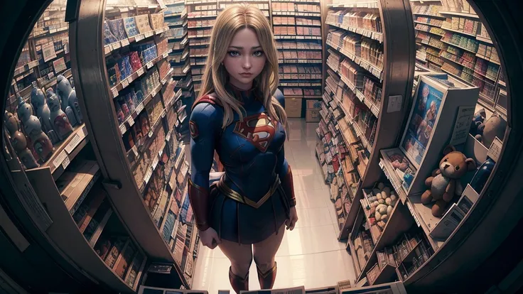 masterpiece, Best Quality, high detailed, showy, from above, Alone, realist, Supergirl standing in a store with many stuffed animals on the shelves and a bag of stuff, blue eyes, fisheye lenses