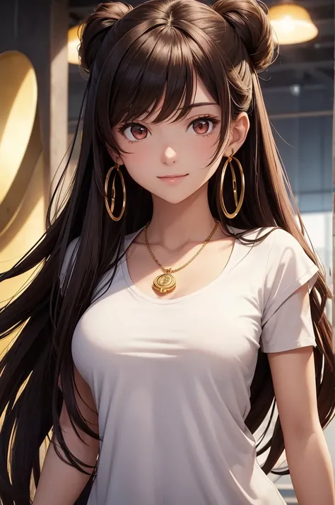 A high-quality anime-style illustration of a confident and sarcastic young woman with long, straight dark brown hair, swept to the side and tucked behind her ears. She has red eyes and smooth, fair skin, smiling with a seductive expression. She is nude wit...