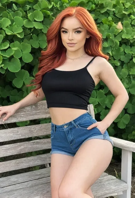 ((high quality:1.2)), (8k), extremely detailed, ((High detail:1.2)), ((best resolution:1.4)), (Elsa Jean), Solo, ((24 years old irish red-haired female:1.45)), ((crop top, mini-shorts)), 