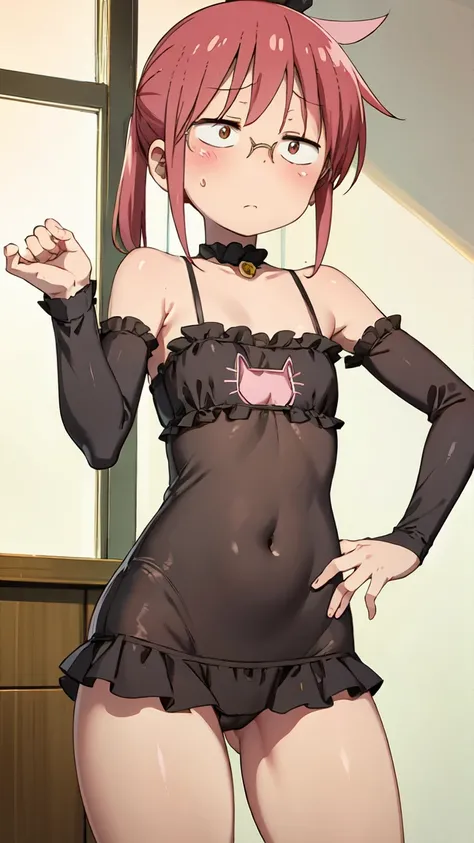 Kobayashi, blushing, frown, (Bust size very very small.)),  (flat chest:1.2), Posing embarrassed, badhandv4, Sexy cat lingerie, sexy cat lingerie 