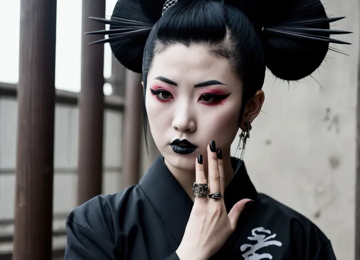 dark broody traditional japanese emo female geisha drooling black ink skinhead, hairgoth, emo goth spikey fashion shoot editorial style, Hypebeast ultra fast fashion gang signs with goth emo accessories