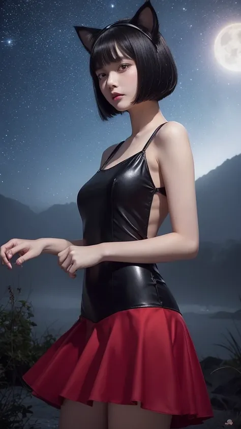 Delicate and dainty young woman with shiny bob-cut black hair and cat ears. She is wearing red only  mini-skirt one-piece dress. The background is a fantastic and ethereal night sky that seems to be haunted by a specter. Her expression is stern and atmosph...