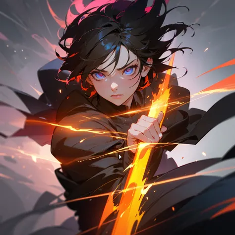 a dynamic character with spiky hair, wearing a black and orange outfit, holding flames in both hands, face obscured by a gray square, vibrant background with shades of pink and purple, blue flame-like element swirling behind the character, (best quality,4k...