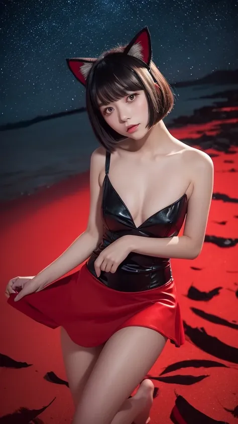 Delicate and dainty young woman with shiny bob-cut black hair and cat ears. She is wearing red only  mini-skirt one-piece dress. The background is a fantastic and ethereal night sky that seems to be haunted by a specter. Her expression is stern and atmosph...