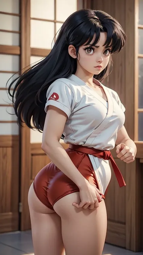 akane tendo, (ranma 1/2 anime), sexy girl, poderosa, traje sexy de karate color blanco, cinta negra, young, skynny body, small a...