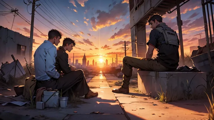 Two men sitting with their backs facing a sunset.  In the background a desolate and abandoned city.