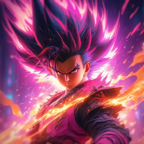 a dynamic character with spiky hair,black and orange outfit,holding flames in both hands,face obscured by a gray square,vibrant background with shades of pink and purple,blue flame-like element swirling behind the character,(best quality,4k,8k,highres,mast...