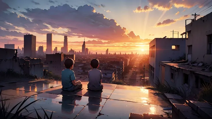 Two children sitting with their backs facing a sunset. In the background a desolate and abandoned city.