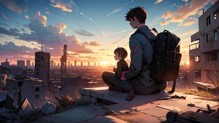 Two children sitting with their backs facing a sunset. In the background a desolate and abandoned city.