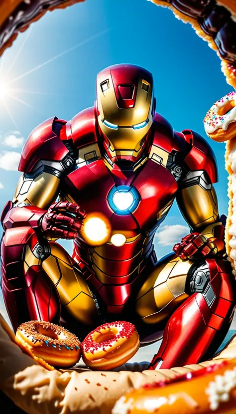 a movie scene, iron-man sitting inside the hole of a large plastic doughnut, which is an advertisement, in his hand he holds ordinary doughnuts which he eats with taste, wide angle, low angle, highly detailed, 8k, photorealistic, cinematic lighting, dynami...