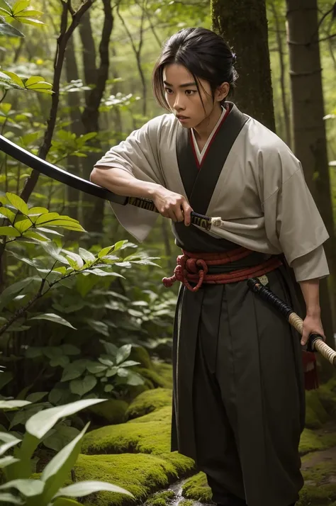 Young samurai apprentice in forest