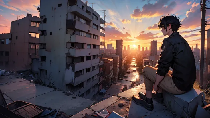 a black haired boy, another blonde haired boy. Sitting on your back facing a sunset. In the background a desolate and abandoned city.