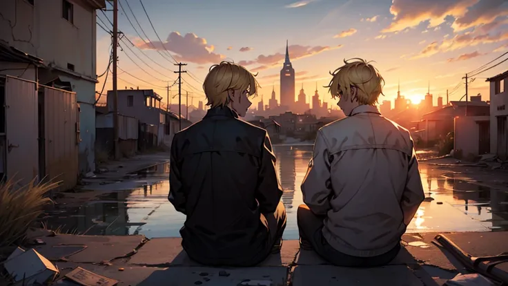 two black and blonde hair children sitting with their backs facing a sunset. In the background a desolate and abandoned city.