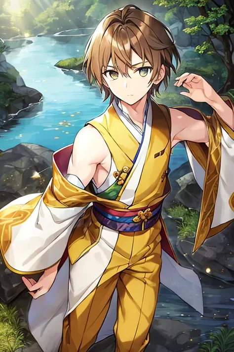 a boy with shoulder-length light brown hair and white skin and light brown eyes dressed in a light yellow kimono with star patterns and dark-colored, somewhat effeminate-looking pants in a forest by a lake sitting on a big rock 