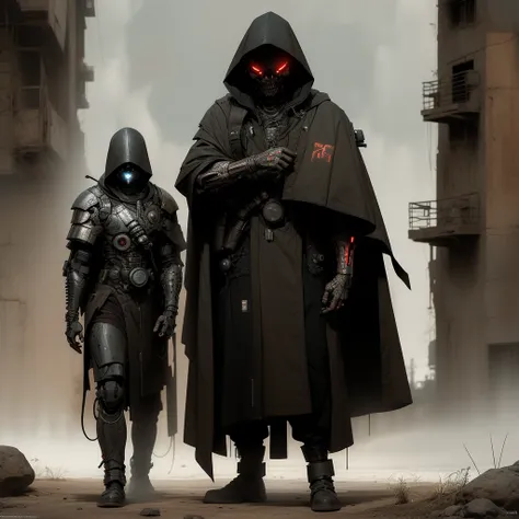 a deadly cyborg assassin in a hooded cloak and armor, danger, red sky, post-apocalyptic, intricate details, dark and gritty, cinematic lighting, highly detailed, concept art, realistic, 8k, masterpiece