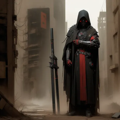 a deadly cyborg assassin in a hooded cloak and armor, danger, red sky, post-apocalyptic, intricate details, dark and gritty, cinematic lighting, highly detailed, concept art, realistic, 8k, masterpiece