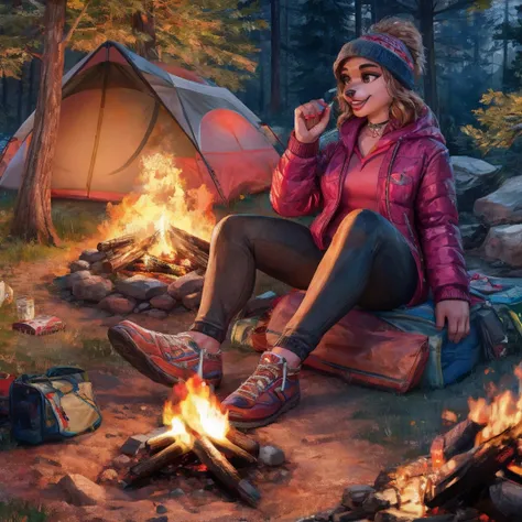 furry woman camping