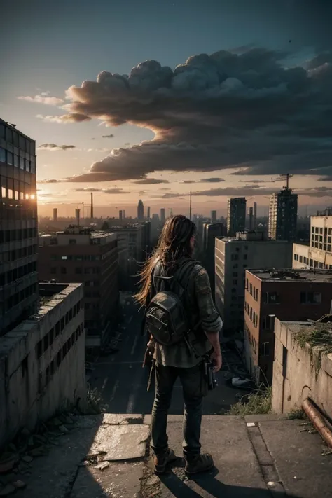 big city, Man Man Alone, long  hair, the last of us cenario apocalyptico, looking over city, shabby clothes, canons, Lonely, dark scenery, destroyed city, zombies, abandoned properties, zombies ao fundo