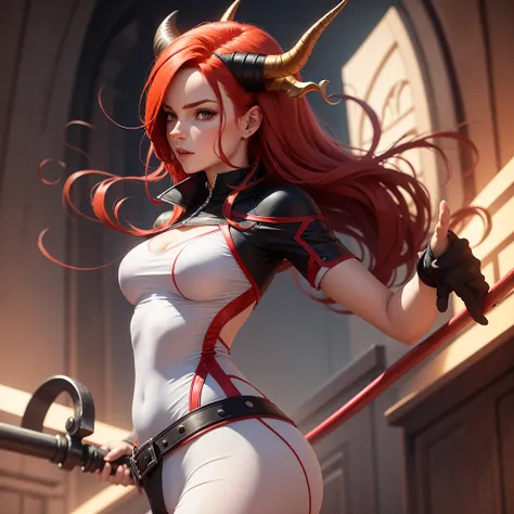 a cartoon of an adult female fencer with red hair and horns