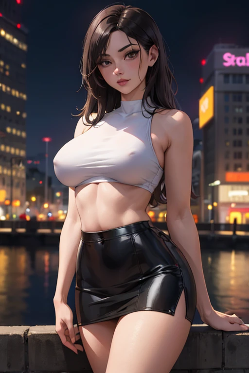 masterpiece, best quality, shadows, perfect hands, perfect legs, perfect anatomy, pretty face, mature features, 1 girl, 21 years old, MILF, mature woman, tight crop top, sexy leather skirt, city night background, black long hair, thighs, ass, breast, seduc...