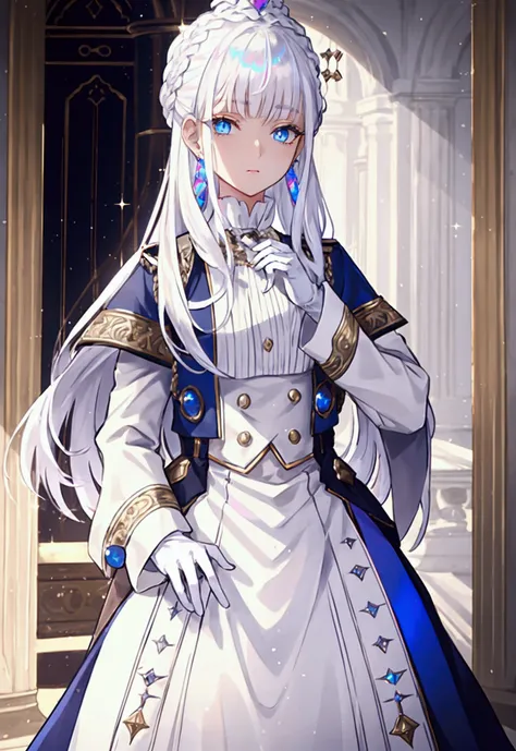 Victorian era, Military uniform, noble clothes, 1woman, queen, solo, medium shot, palace background, iridescent eyes, white shimmer hair, white eyebrow, glowing hair, (iridescent white hair), earrings, jewelry, blue eyes, blurry background, blurry, hair or...