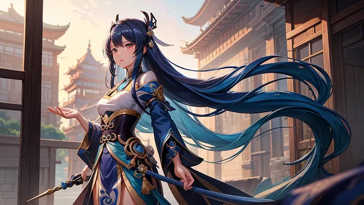 a picture of a girl with long hair and a blue dress, zhongli from genshin impact, guweiz, inspired by Cao Zhibai, keqing from genshin impact, cushart krenz key art feminine, zmonzheng, artwork in the style of guweiz, nezha, cushart kenz