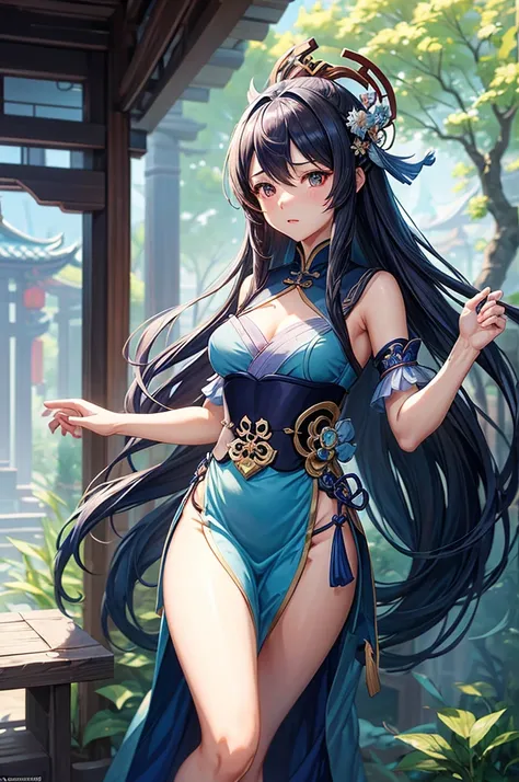 a picture of a girl with long hair and a blue dress, zhongli from genshin impact, guweiz, inspired by Cao Zhibai, keqing from genshin impact, cushart krenz key art feminine, zmonzheng, artwork in the style of guweiz, nezha, cushart kenz