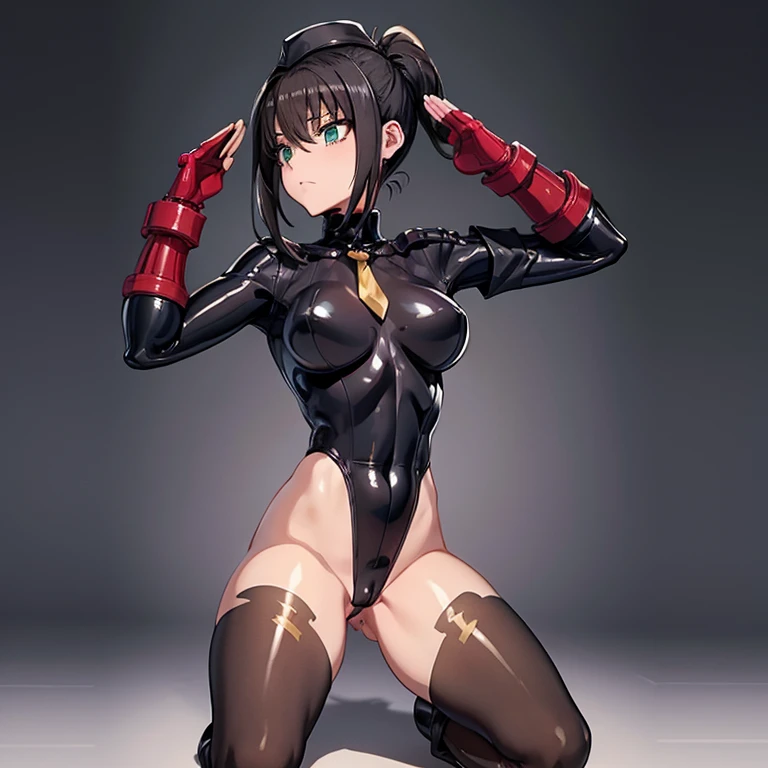 Masterpiece, Best Quality, Highly detailed, illustration, absurdres, street fighter, doll suit, shadaloo doll, girls, multiple girls, expressionless,  saluting, military, military saluting, salute, blank eyes, red gloves, emotionless, black latex, corrutio...