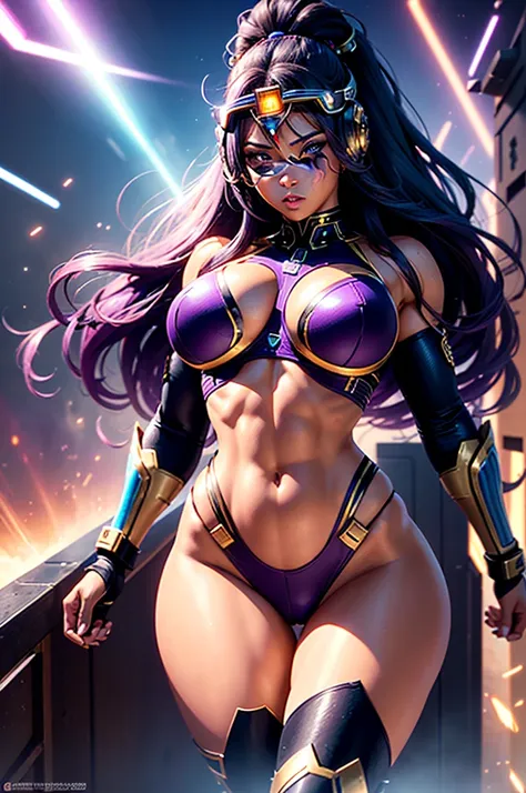 A perfect sexy and beautiful, exuberant and very young cybernetic android warrior with black African and oriental features, Japanese and Chinese, mixed with the clone of the Greek warrior goddess Athena, with huge super ultra mega giant breasts, Brunetette...