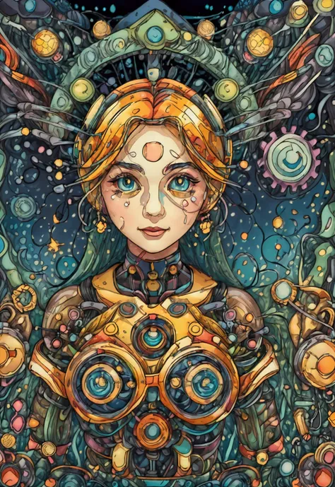 Create an abstract artwork blending anime and pop art styles, focusing on the metaphorical concept of machine healing. Feature a humanoid figure with a serene expression, combining mechanical and organic elements. Include glowing mechanical WIRES connected...