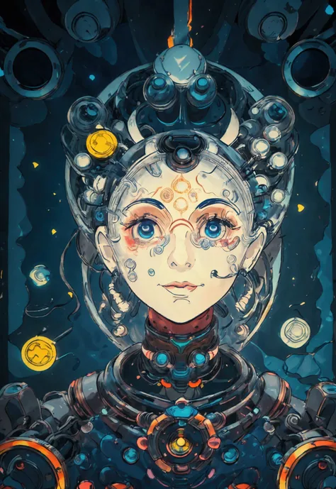 Create an abstract artwork blending anime and pop art styles, focusing on the metaphorical concept of machine healing. Feature a humanoid figure with a serene expression, combining mechanical and organic elements. Include glowing mechanical WIRES connected...