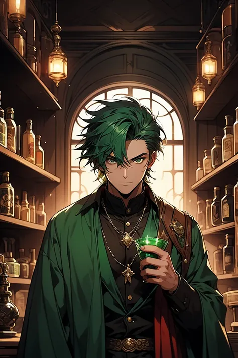 Create an image of a man approximately 30 years old with green hair shaved close to the scalp, military style. He is wearing common medieval clothing, similar to those found in fantasy games. His skin is dark brown, similar to Nagatoro’s, and his eyes are ...