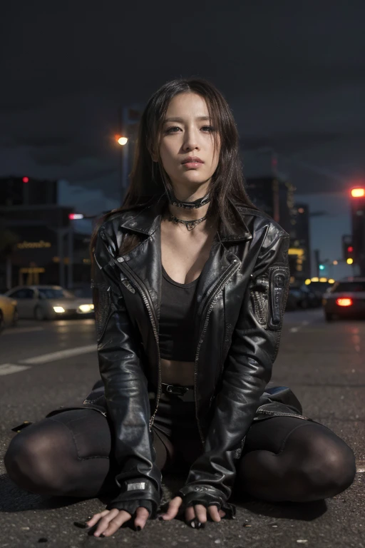 new york night view，a woman wearing a nanosuit and a black jacket sits on the street, cyberpunk art style, cyberpunk 2000. model...