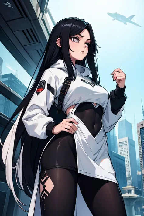 Age 22, White skin girl, , Bblack hair, extremely long hair, , sweatshirt clothes, futuristic armor, feminine, short preto, black tights, women&#39;s black tennis shoes, Bblack hair, hair between the eyes, Bblack hair, cloused mouth, range, cabelo bagunçad...